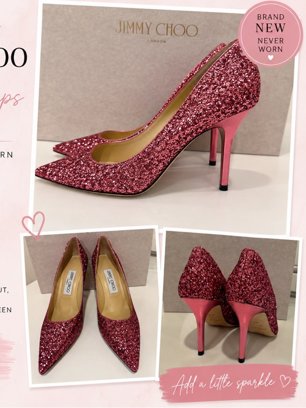 New Jimmy Choo Agnes Glitter Pumps | Pink Coarse Glitter | Pointed Toe Heels